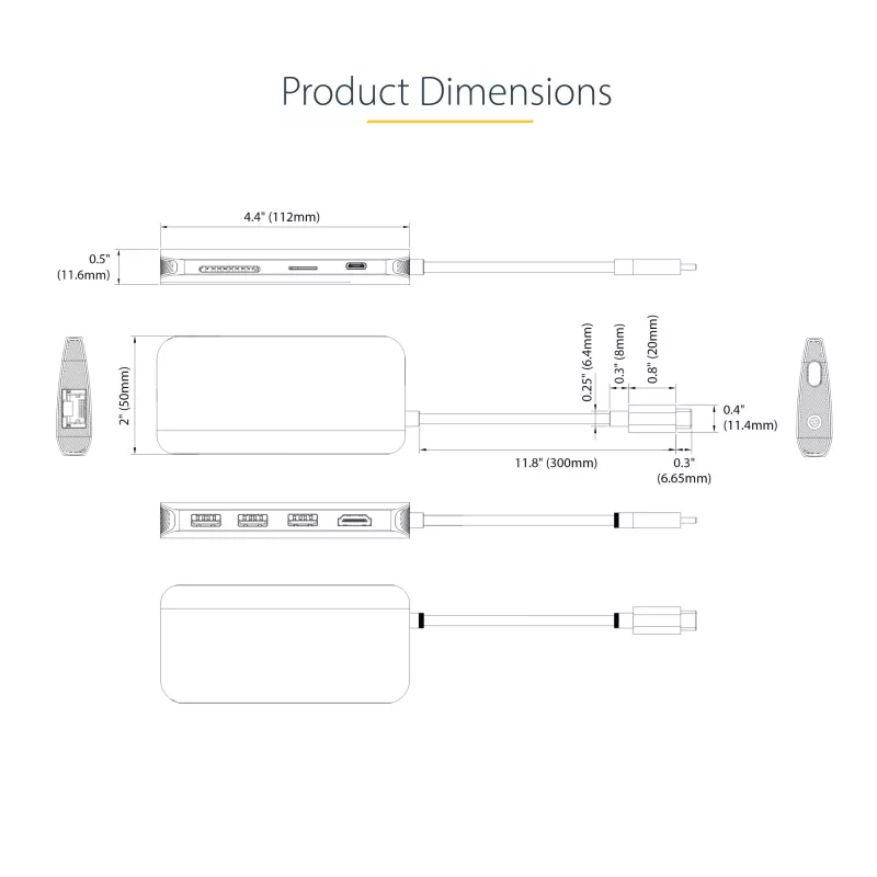 StarTech.com USB C mitmepordiadapter, 4K 60Hz HDMI video, 3 tk 5Gbps USB-A jaotur, 100W USB Power Delivery läbivool/GbE/SD/microSD, 12 inch/30cm kaabel, kaasaskantav sülearvuti dokkimisjaam