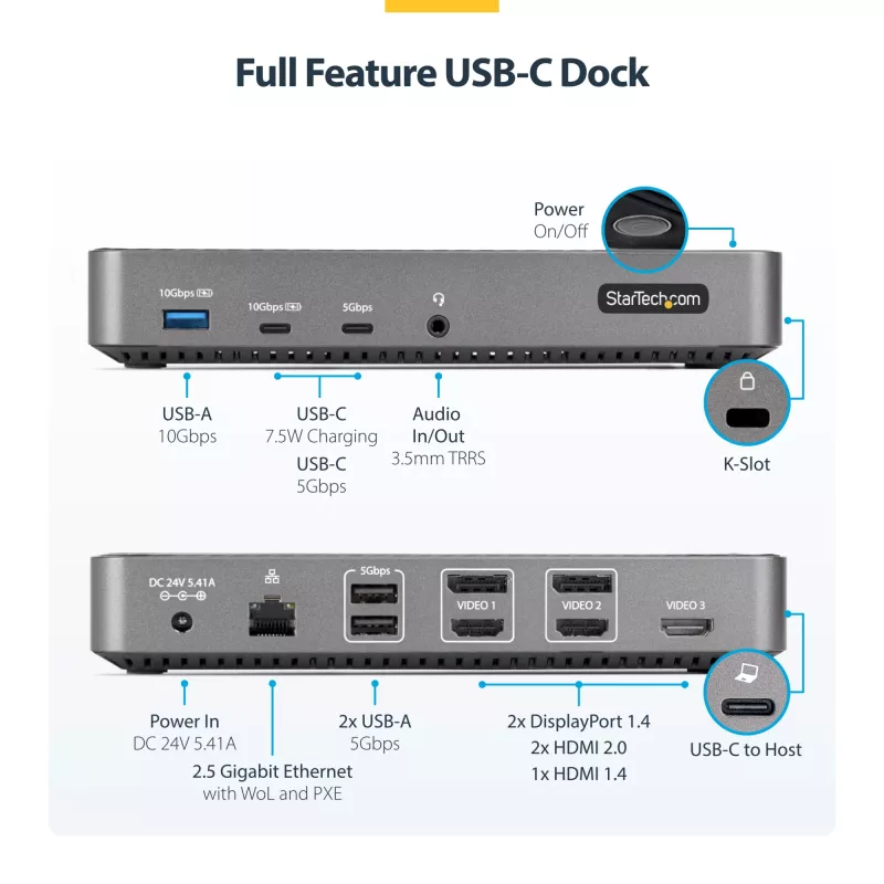 StarTech.com USB-C kolme monitori dokkimisjaam - HDMI/DP kolmekordne 4k USB-C dokk - 5x USB jaotur - GbE - 100W PD - universaalne mitme monitori dokkimisjaam - ühilduv Thunderbolt 3/4-ga