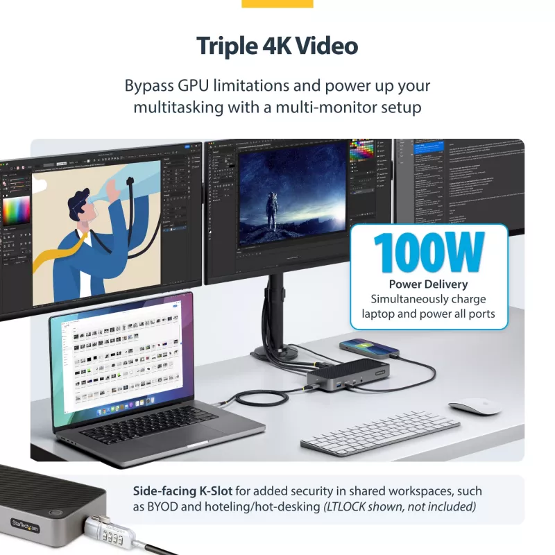 StarTech.com USB-C kolme monitori dokkimisjaam - HDMI/DP kolmekordne 4k USB-C dokk - 5x USB jaotur - GbE - 100W PD - universaalne mitme monitori dokkimisjaam - ühilduv Thunderbolt 3/4-ga