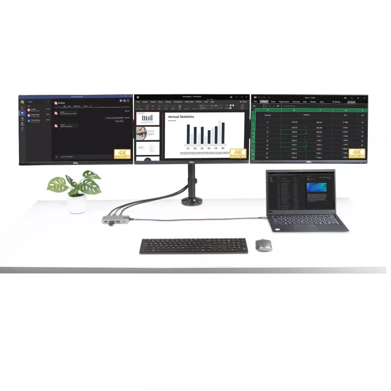 StarTech.com USB-C kolmiku monitori multipordiadapter, kahekordne 4K 60Hz + 4K 30Hz HDMI ja DisplayPort, 3-pordine USB 10Gbps jaotur, 100W PD läbivool, GbE, reisidokk, Windows ja ChromeOS