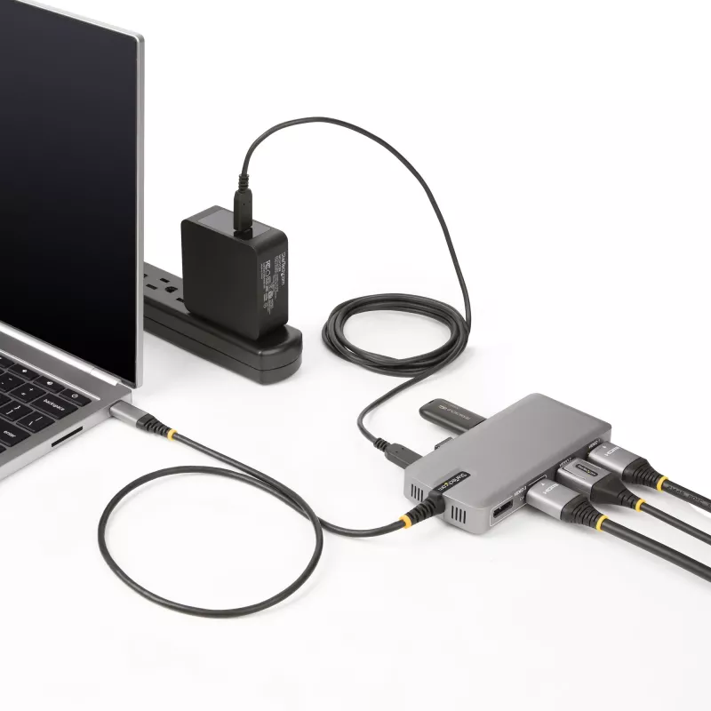 StarTech.com USB-C kolmiku monitori multipordiadapter, kahekordne 4K 60Hz + 4K 30Hz HDMI ja DisplayPort, 3-pordine USB 10Gbps jaotur, 100W PD läbivool, GbE, reisidokk, Windows ja ChromeOS
