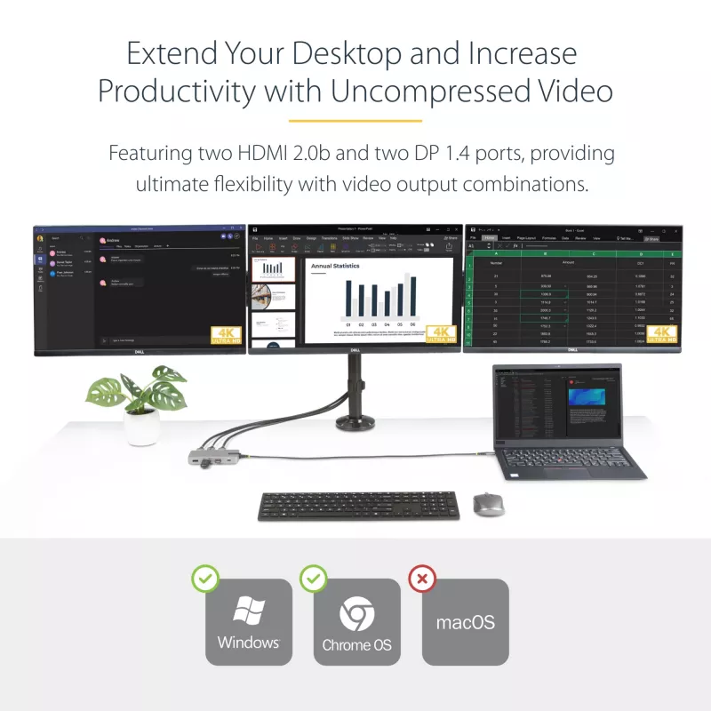 StarTech.com USB-C kolmiku monitori multipordiadapter, kahekordne 4K 60Hz + 4K 30Hz HDMI ja DisplayPort, 3-pordine USB 10Gbps jaotur, 100W PD läbivool, GbE, reisidokk, Windows ja ChromeOS