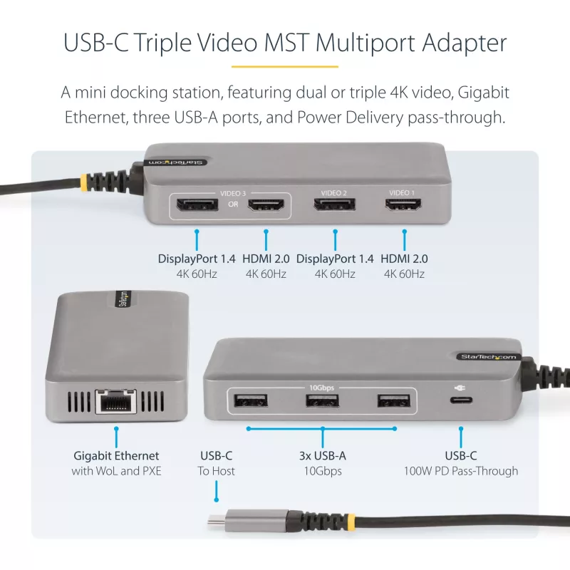 StarTech.com USB-C kolmiku monitori multipordiadapter, kahekordne 4K 60Hz + 4K 30Hz HDMI ja DisplayPort, 3-pordine USB 10Gbps jaotur, 100W PD läbivool, GbE, reisidokk, Windows ja ChromeOS