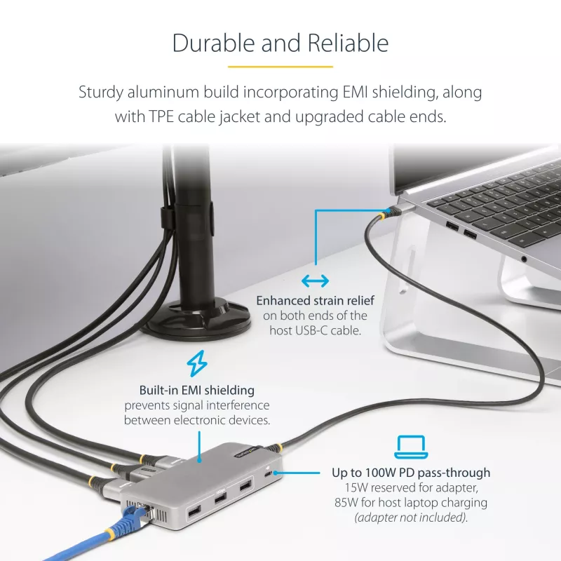 StarTech.com USB-C kolmiku monitori multipordiadapter, kahekordne 4K 60Hz + 4K 30Hz HDMI ja DisplayPort, 3-pordine USB 10Gbps jaotur, 100W PD läbivool, GbE, reisidokk, Windows ja ChromeOS