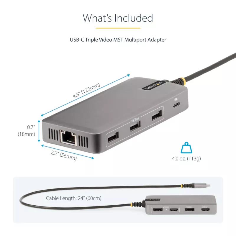 StarTech.com USB-C kolmiku monitori multipordiadapter, kahekordne 4K 60Hz + 4K 30Hz HDMI ja DisplayPort, 3-pordine USB 10Gbps jaotur, 100W PD läbivool, GbE, reisidokk, Windows ja ChromeOS