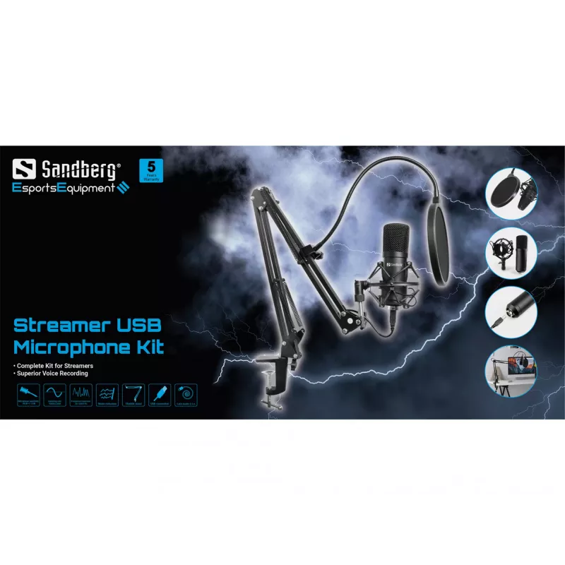 Sandberg Streamer USB mikrofoni komplekt, Stuudiomikrofon, -27 dB, 30–16000 Hz, 24-bitine, 96 kHz, ühesuunaline