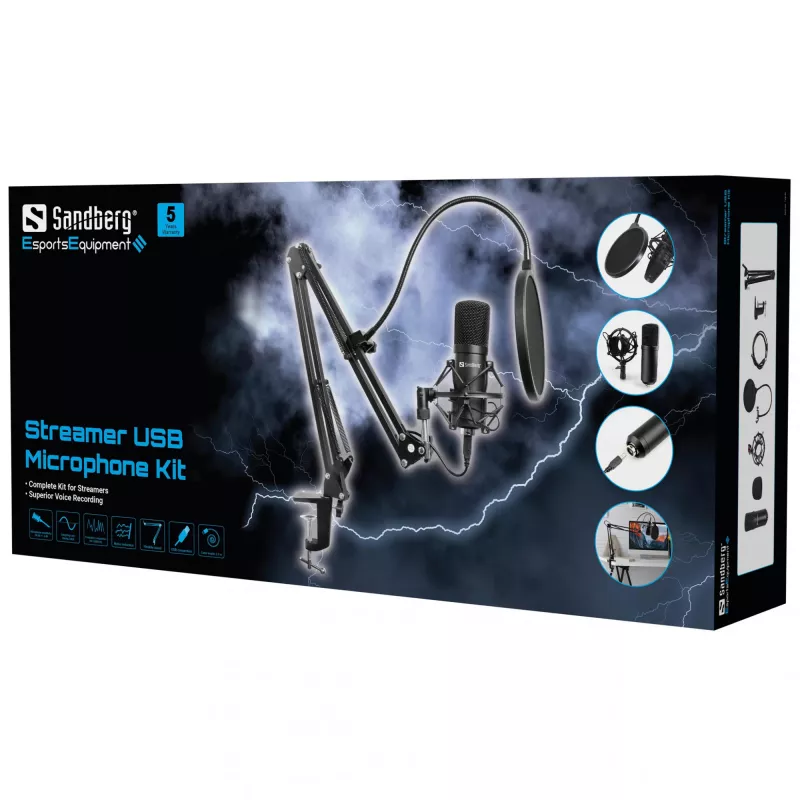 Sandberg Streamer USB mikrofoni komplekt, Stuudiomikrofon, -27 dB, 30–16000 Hz, 24-bitine, 96 kHz, ühesuunaline