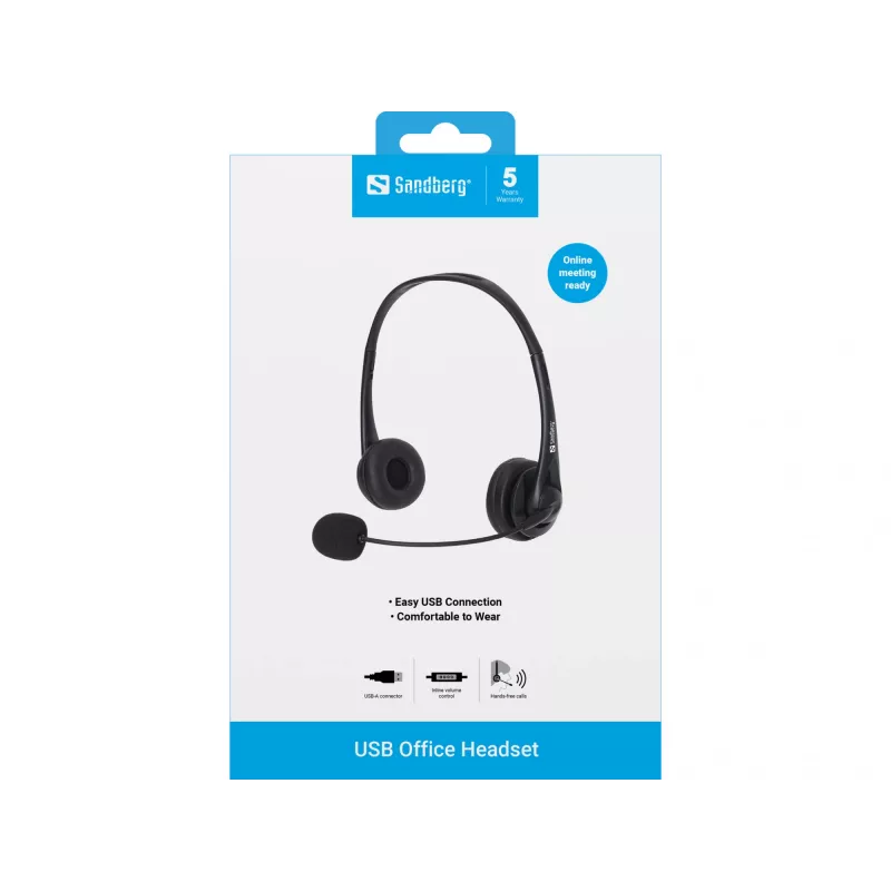 Sandberg USB kontoripeakomplekt, juhtmega, kontori/kõnekeskuse jaoks, 20–20000 Hz, 94 g, peakomplekt, must