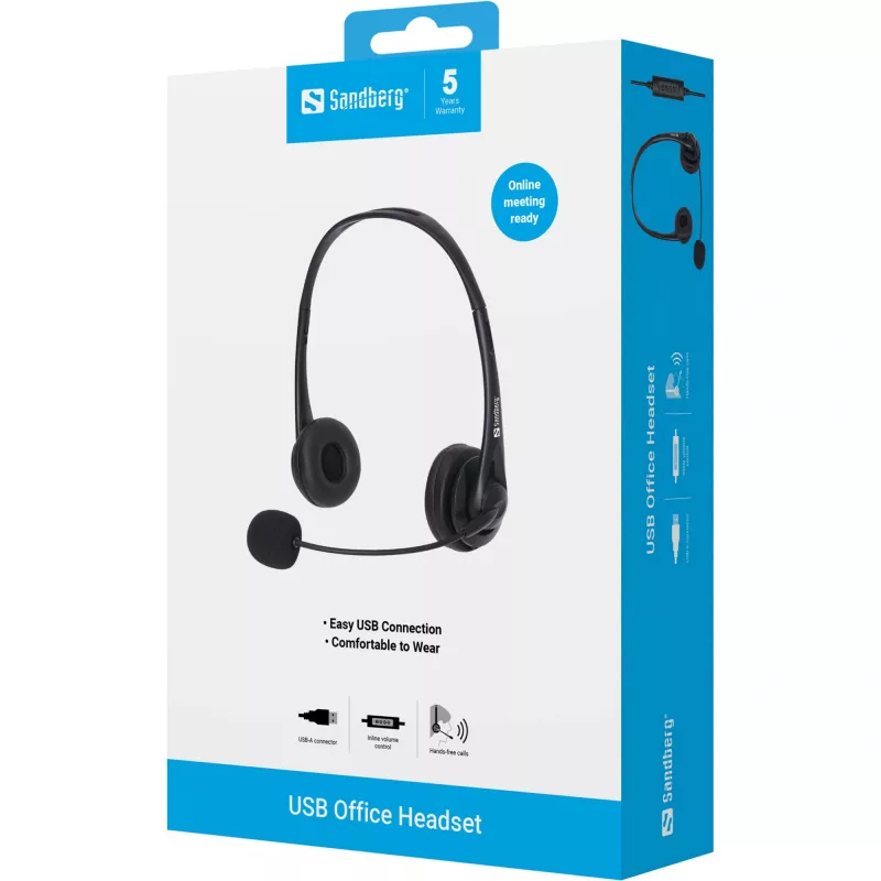 Sandberg USB kontoripeakomplekt, juhtmega, kontori/kõnekeskuse jaoks, 20–20000 Hz, 94 g, peakomplekt, must