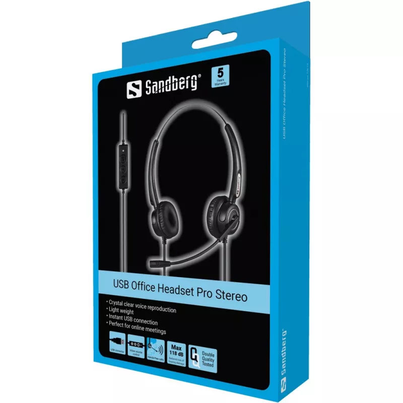 Sandberg USB Office Headset Pro Stereo, juhtmega, kontor/kõnekeskus, 20 - 20000 Hz, 115 g, peakomplekt, must