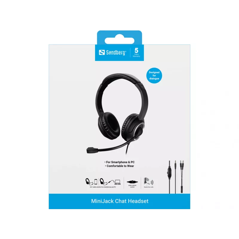 Sandberg MiniJack Chat Peakomplekt, juhtmega, kõned/muusika, 20 - 20000 Hz, 180 g, Peakomplekt, Must