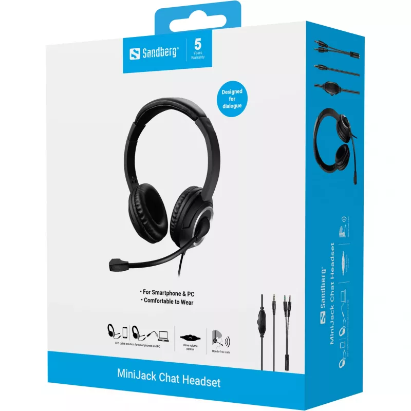 Sandberg MiniJack Chat Peakomplekt, juhtmega, kõned/muusika, 20 - 20000 Hz, 180 g, Peakomplekt, Must