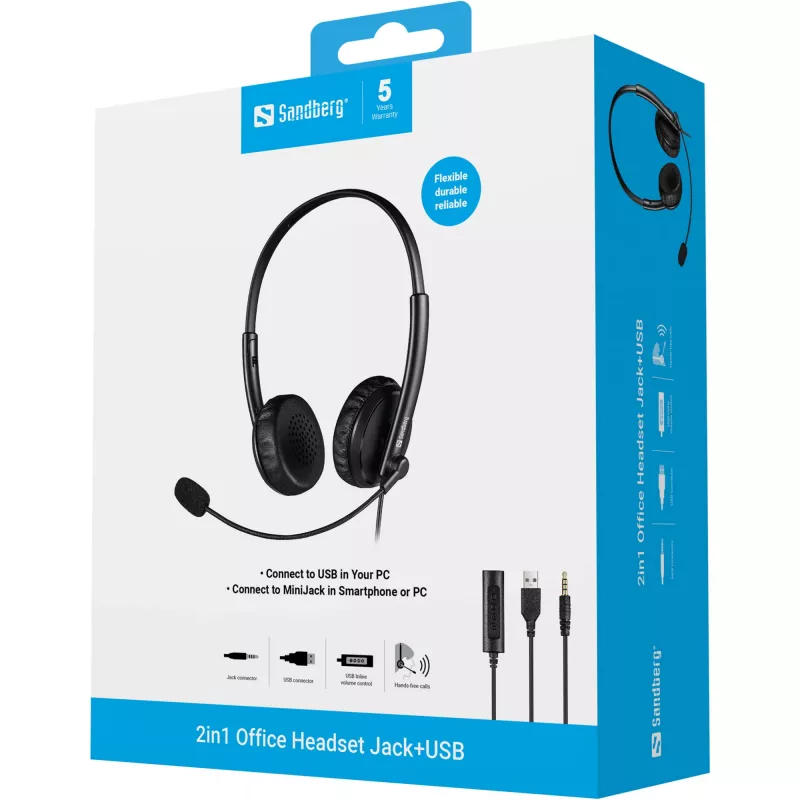 Sandberg 2in1 Office Headset Jack+USB, juhtmega, kontori/kõnekeskuse jaoks, 20 - 20000 Hz, 110 g, kõrvaklapid, must