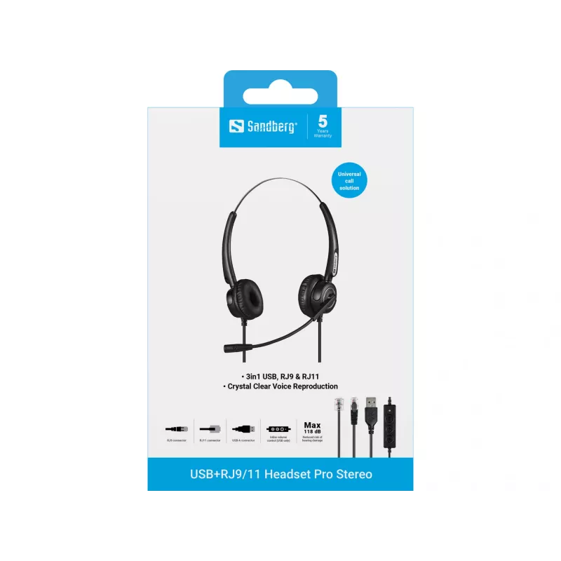 Sandberg USB+RJ9/11 Peakomplekt Pro Stereo, juhtmega, kontor/kõnekeskus, 20–7000 Hz, peakomplekt, must