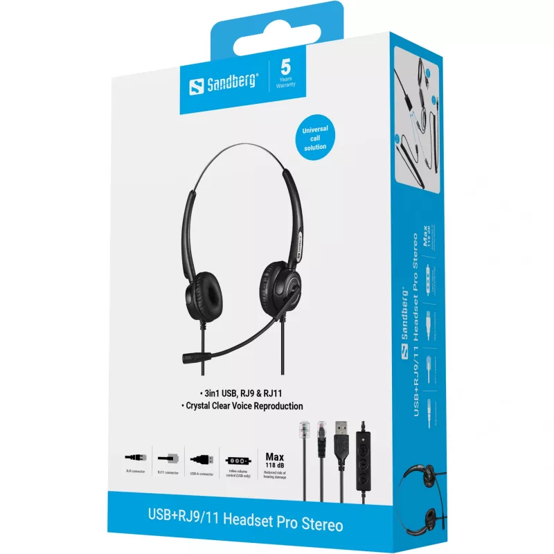 Sandberg USB+RJ9/11 Peakomplekt Pro Stereo, juhtmega, kontor/kõnekeskus, 20–7000 Hz, peakomplekt, must