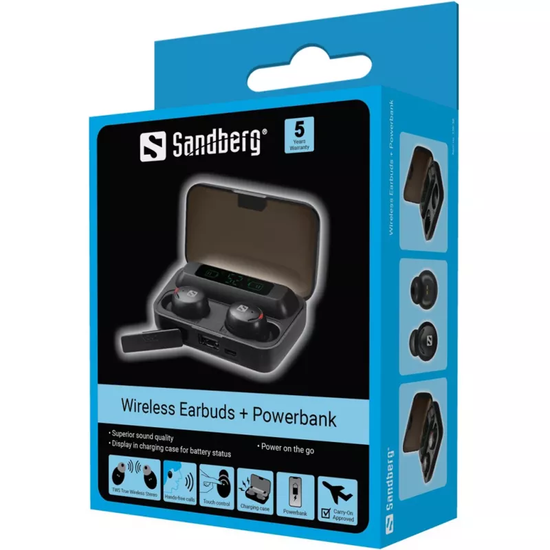 Sandberg Wireless Earbuds + akupank, True Wireless Stereo (TWS), 20 - 20000 Hz, kõned/muusika, peakomplekt, must