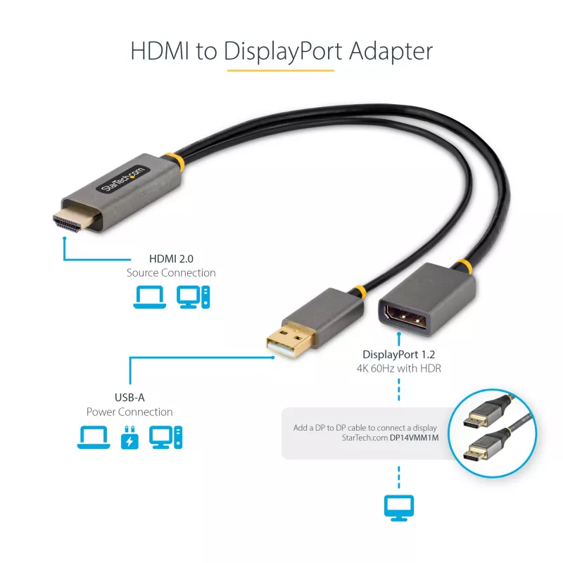 StarTech.com 0,3 m HDMI-DisplayPort adapterkaabel, aktiivne 4K 60 Hz HDMI 2.0 DP 1.2 muundur, HDR, USB siinitoide, HDMI-allikas DisplayPort-kuvarile sülearvutitele/arvutitele