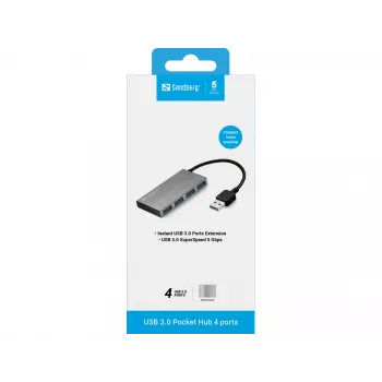 Sandberg USB 3.0 Pocket Hub 4 porti, USB 3.2 Gen 1 (3.1 Gen 1) Type-A, USB 3.2 Gen 1 (3.1 Gen 1) Type-A, 5000 Mbit/s, valge, alumiinium, RoHS