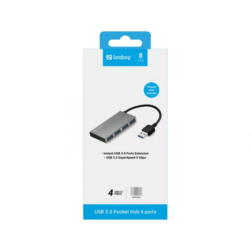 Sandberg USB 3.0 Pocket Hub 4 porti, USB 3.2 Gen 1 (3.1 Gen 1) Type-A, USB 3.2 Gen 1 (3.1 Gen 1) Type-A, 5000 Mbit/s, valge, alumiinium, RoHS