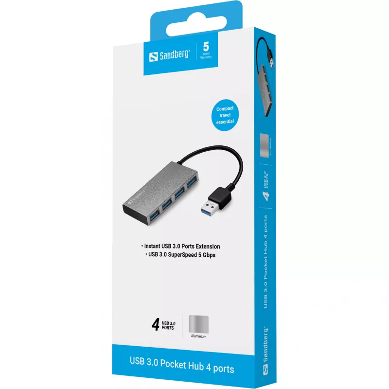Sandberg USB 3.0 Pocket Hub 4 porti, USB 3.2 Gen 1 (3.1 Gen 1) Type-A, USB 3.2 Gen 1 (3.1 Gen 1) Type-A, 5000 Mbit/s, valge, alumiinium, RoHS