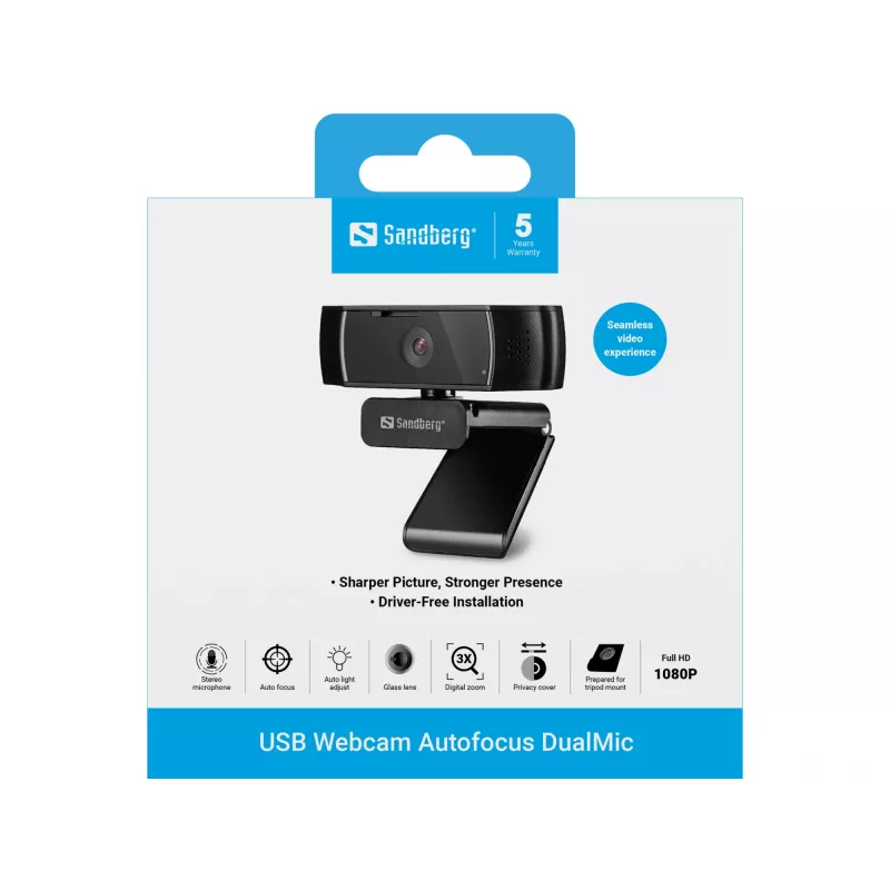 Sandberg USB veebikaamera autofookusega DualMic, 2,07 MP, 1920 x 1080 pikslit, Full HD, 30 kaadrit sekundis, 70°, 70°