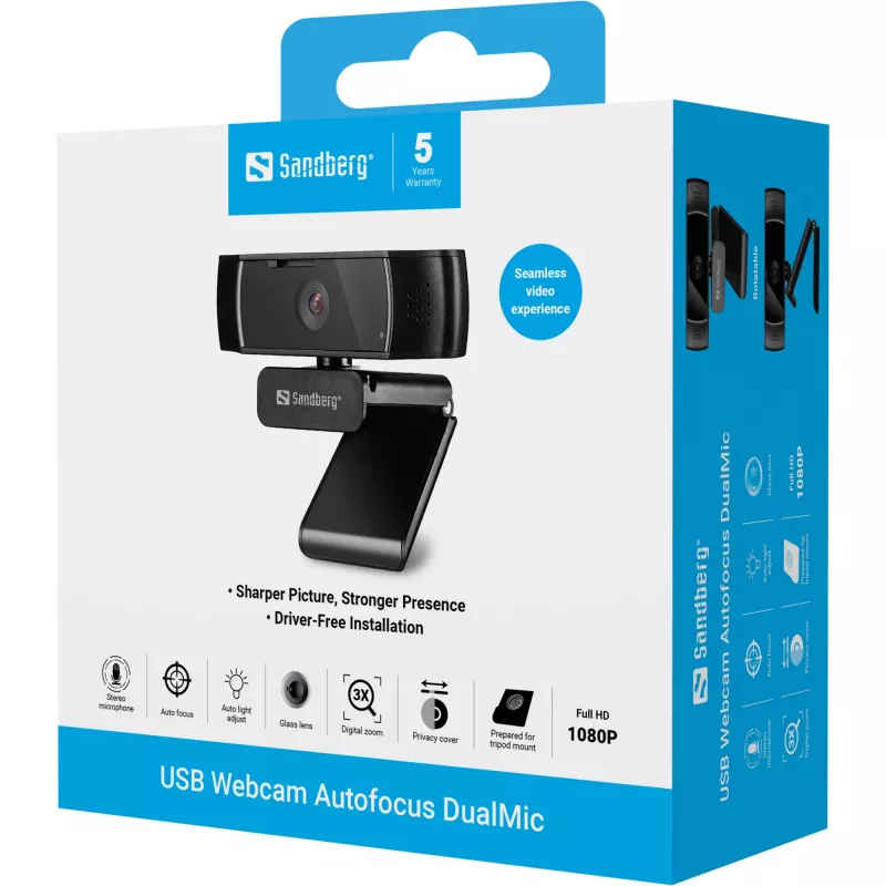 Sandberg USB veebikaamera autofookusega DualMic, 2,07 MP, 1920 x 1080 pikslit, Full HD, 30 kaadrit sekundis, 70°, 70°