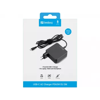 Sandberg USB-C vahelduvvoolulaadija PD65W EL 2M, siseruumides, vahelduvvool, 20 V, 1 m, must