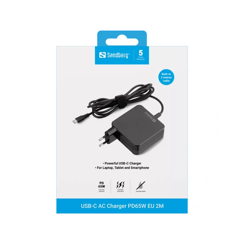 Sandberg USB-C vahelduvvoolulaadija PD65W EL 2M, siseruumides, vahelduvvool, 20 V, 1 m, must