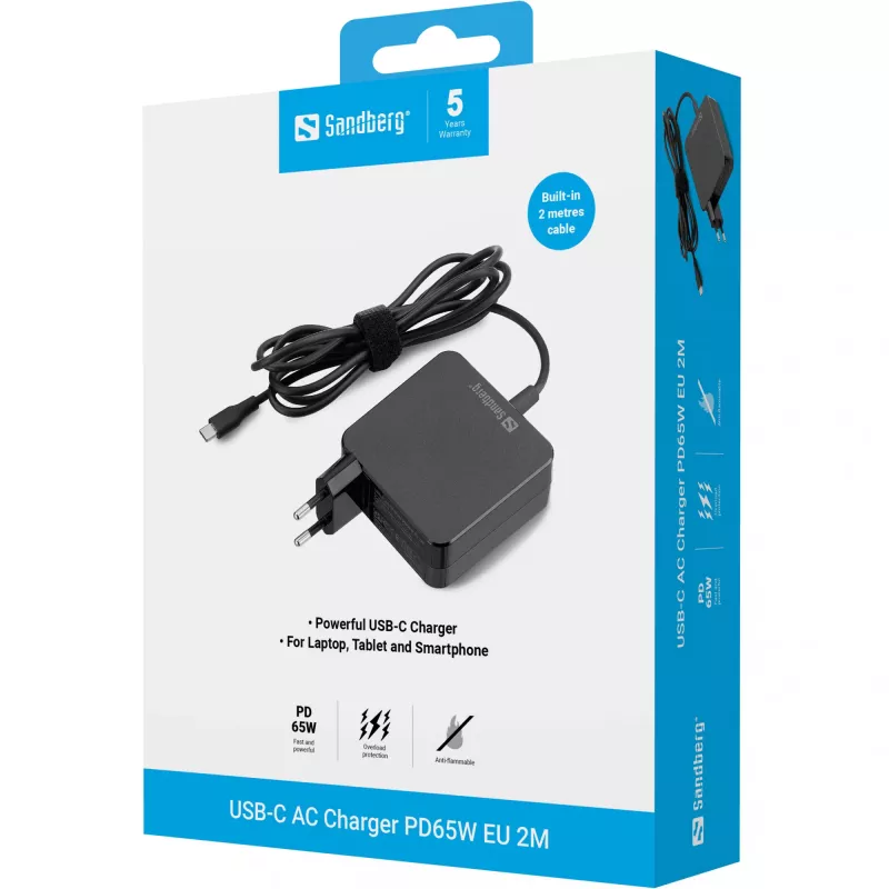 Sandberg USB-C vahelduvvoolulaadija PD65W EL 2M, siseruumides, vahelduvvool, 20 V, 1 m, must