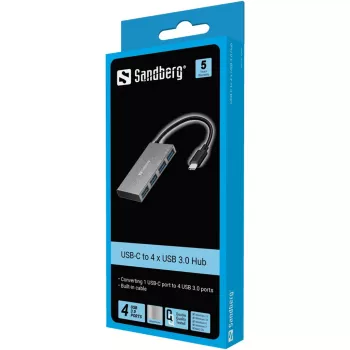 Sandberg USB-C kuni 4 x USB 3.0 taskujaotur, USB 3.2 Gen 1 (3.1 Gen 1) Type-C, USB 3.2 Gen 1 (3.1 Gen 1) Type-A, valge, alumiinium, RoHS, Windows 10, Windows 7, Windows 8