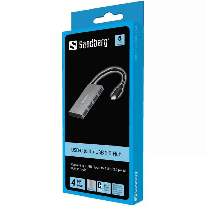 Sandberg USB-C kuni 4 x USB 3.0 taskujaotur, USB 3.2 Gen 1 (3.1 Gen 1) Type-C, USB 3.2 Gen 1 (3.1 Gen 1) Type-A, valge, alumiinium, RoHS, Windows 10, Windows 7, Windows 8