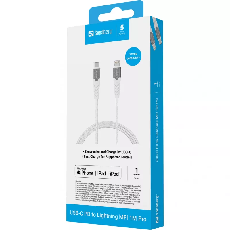 Sandberg USB-C PD to Lightning MFI 1M PRO, 1 m, Lightning, USB C, isane, isane, valge