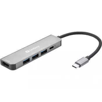 Sandberg USB-C Dock HDMI+3xUSB+PD 100W, juhtmega, USB 3.2 Gen 1 (3.1 Gen 1) USB-C, 100 W, hall, 4K Ultra HD, alumiinium