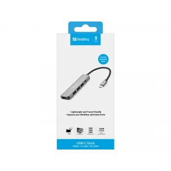 Sandberg USB-C Dock HDMI+3xUSB+PD 100W, juhtmega, USB 3.2 Gen 1 (3.1 Gen 1) USB-C, 100 W, hall, 4K Ultra HD, alumiinium