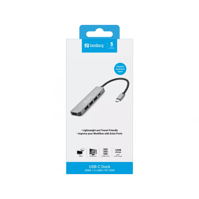 Sandberg USB-C Dock HDMI+3xUSB+PD 100W, juhtmega, USB 3.2 Gen 1 (3.1 Gen 1) USB-C, 100 W, hall, 4K Ultra HD, alumiinium