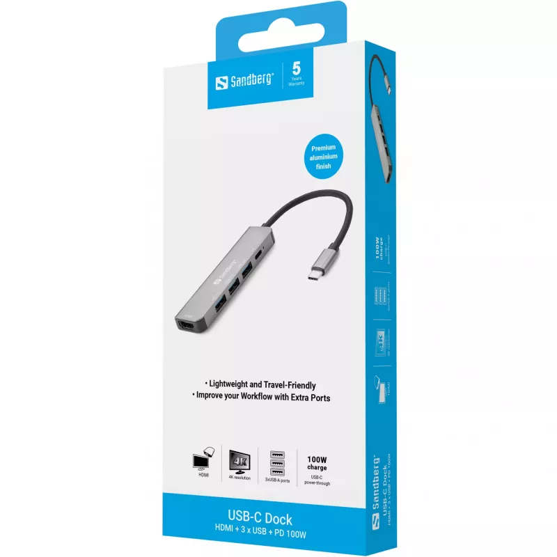 Sandberg USB-C Dock HDMI+3xUSB+PD 100W, juhtmega, USB 3.2 Gen 1 (3.1 Gen 1) USB-C, 100 W, hall, 4K Ultra HD, alumiinium