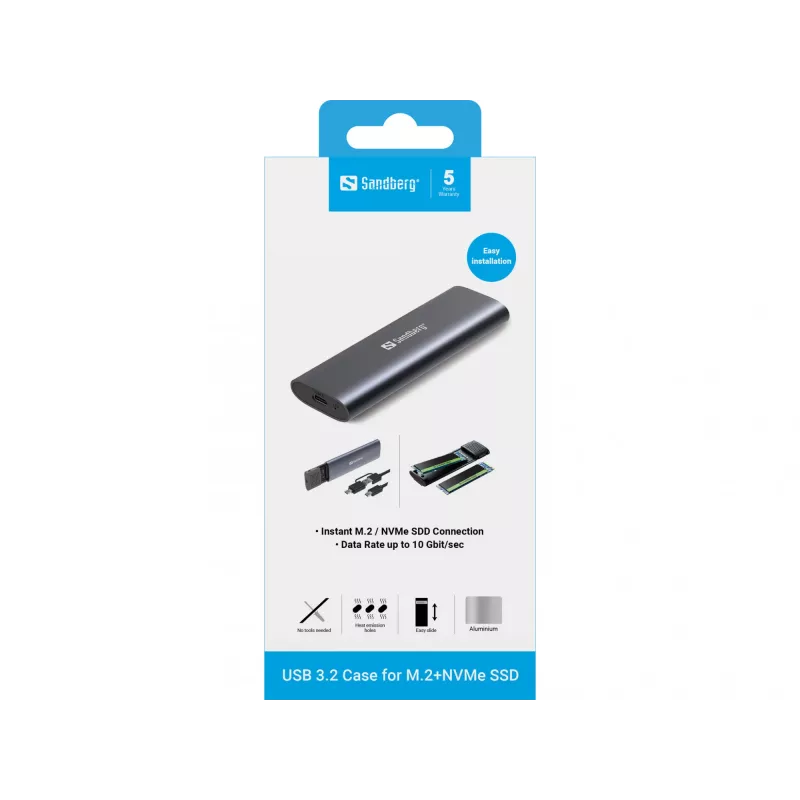 Sandberg USB 3.2 ümbris M.2+NVMe SSD-le, SSD-korpus, M.2, M.2, 10 Gbit/s, USB-ühenduvus, must