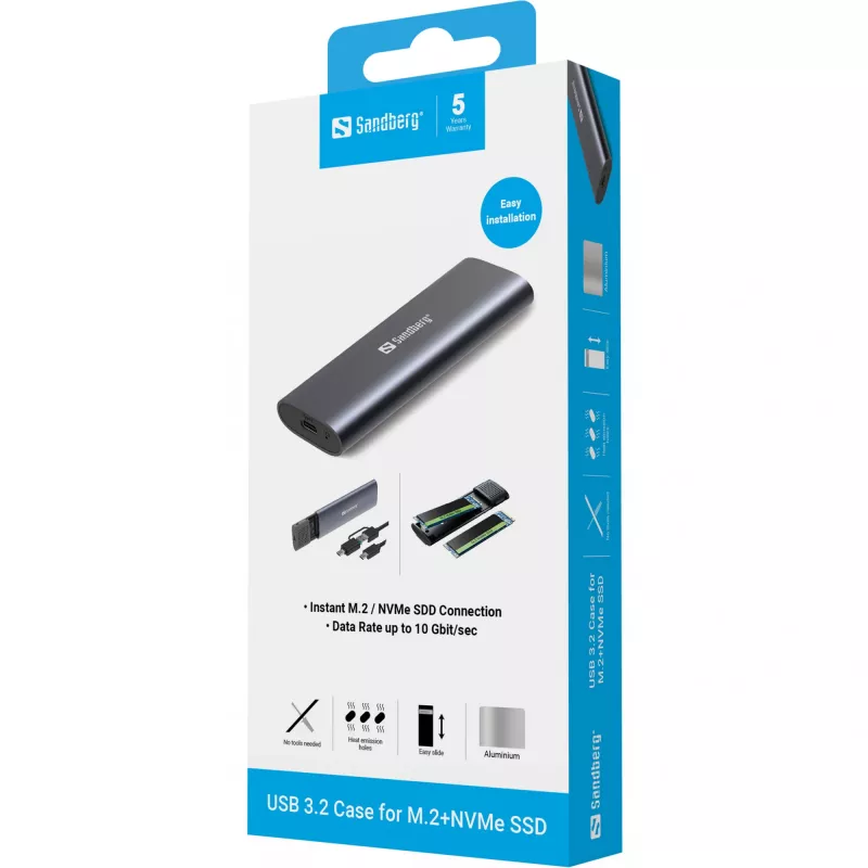 Sandberg USB 3.2 ümbris M.2+NVMe SSD-le, SSD-korpus, M.2, M.2, 10 Gbit/s, USB-ühenduvus, must