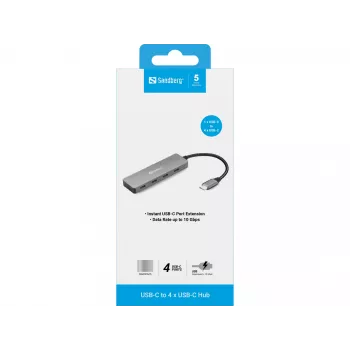 Sandberg USB-C kuni 4 × USB-C jaotur, USB 3.2 Gen 1 (3.1 Gen 1) Type-C, USB 3.2 Gen 1 (3.1 Gen 1) Type-C, 10000 Mbit/s, hall, alumiinium, 0,15 m