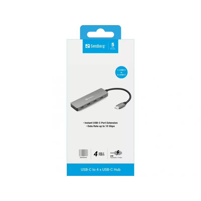 Sandberg USB-C kuni 4 × USB-C jaotur, USB 3.2 Gen 1 (3.1 Gen 1) Type-C, USB 3.2 Gen 1 (3.1 Gen 1) Type-C, 10000 Mbit/s, hall, alumiinium, 0,15 m