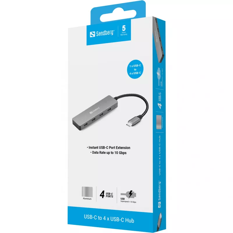 Sandberg USB-C kuni 4 × USB-C jaotur, USB 3.2 Gen 1 (3.1 Gen 1) Type-C, USB 3.2 Gen 1 (3.1 Gen 1) Type-C, 10000 Mbit/s, hall, alumiinium, 0,15 m