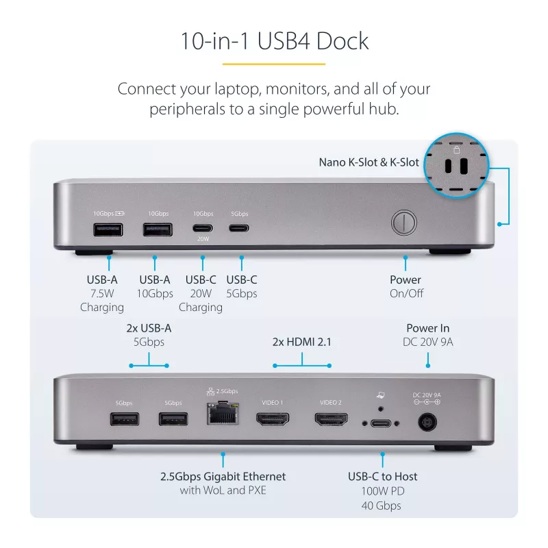 StarTech.com kahe monitoriga USB4 dokkimisjaam, kaks 4K 120 Hz või üks 8K 60 Hz HDMI, 100 W sülearvuti laadimine, 2.5GbE, USB-C mitme monitoriga dokk, draiverivaba