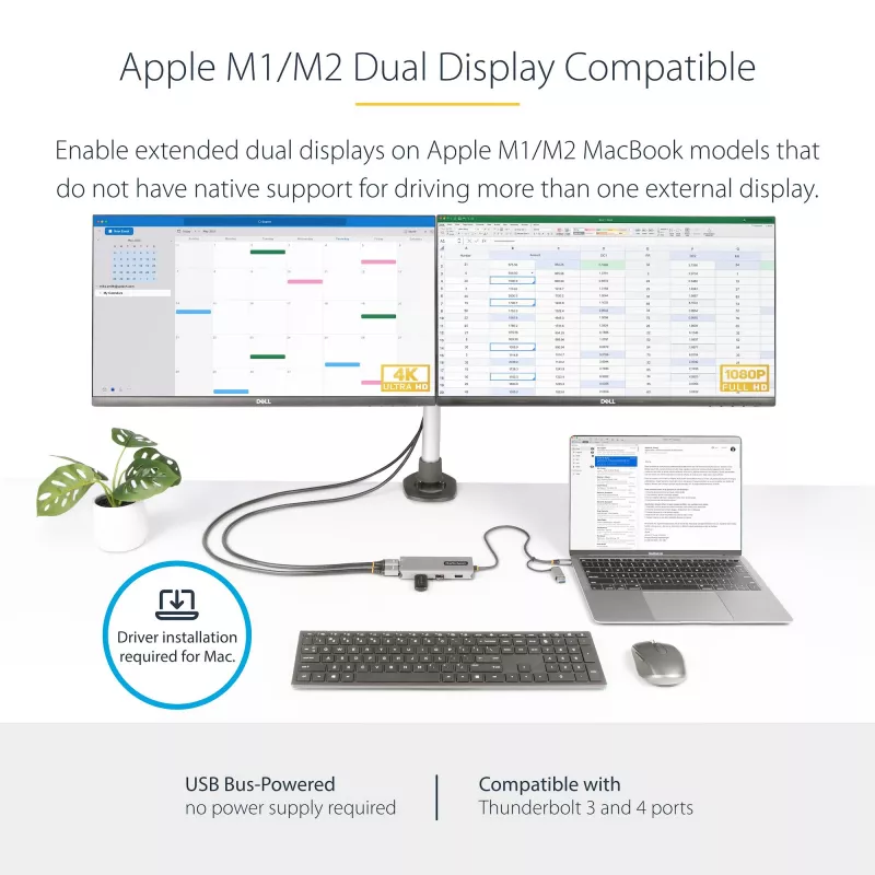 StarTech.com USB-C multipordiadapter koos ühendatud USB-C–USB-A adapteriga, kaks HDMI-d (4K30Hz/1080p60Hz), 3x USB-A 5Gbps, mini-reisidokk, sülearvuti dokkimisjaam, 1,3 jala/40 cm kaabel