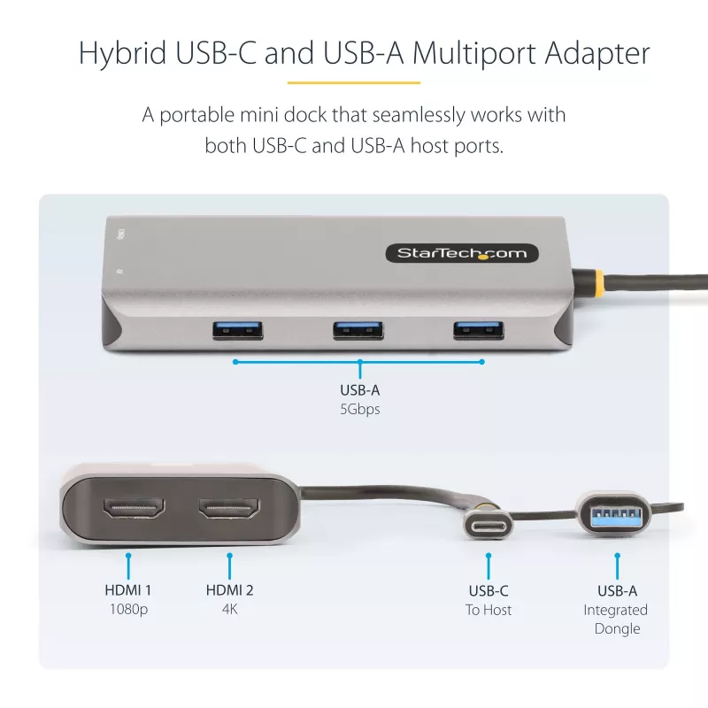 StarTech.com USB-C multipordiadapter koos ühendatud USB-C–USB-A adapteriga, kaks HDMI-d (4K30Hz/1080p60Hz), 3x USB-A 5Gbps, mini-reisidokk, sülearvuti dokkimisjaam, 1,3 jala/40 cm kaabel
