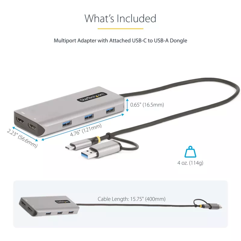 StarTech.com USB-C multipordiadapter koos ühendatud USB-C–USB-A adapteriga, kaks HDMI-d (4K30Hz/1080p60Hz), 3x USB-A 5Gbps, mini-reisidokk, sülearvuti dokkimisjaam, 1,3 jala/40 cm kaabel