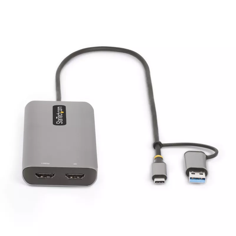 StarTech.com USB-C multipordiadapter koos ühendatud USB-C–USB-A adapteriga, kaks HDMI-d (4K30Hz/1080p60Hz), 3x USB-A 5Gbps, mini-reisidokk, sülearvuti dokkimisjaam, 1,3 jala/40 cm kaabel
