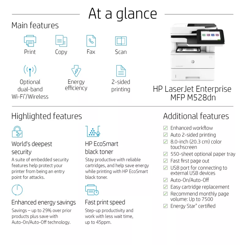 HP LaserJet Enterprise MFP M528dn, Laser, ühevärviline printimine, 1200 x 1200 DPI, A4, otsetrükk, must, valge
