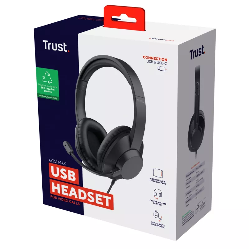 Trust Ayda Max USB-peakomplekt Juhtmega ühendatud Peapael Kontor/kõnekeskus USB USB-C / USB Type-A Must