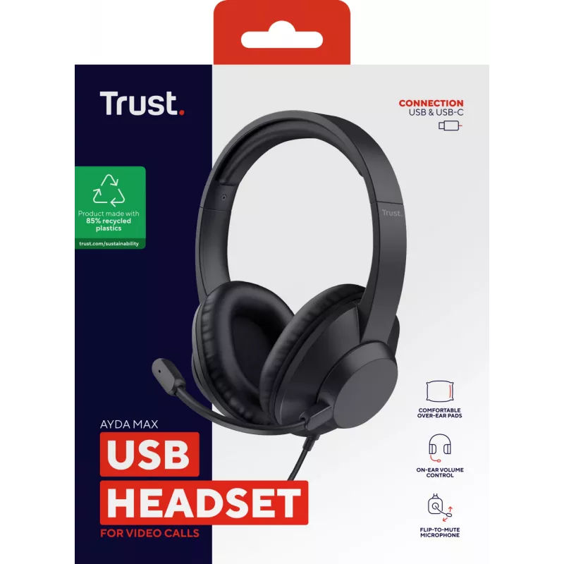 Trust Ayda Max USB-peakomplekt Juhtmega ühendatud Peapael Kontor/kõnekeskus USB USB-C / USB Type-A Must