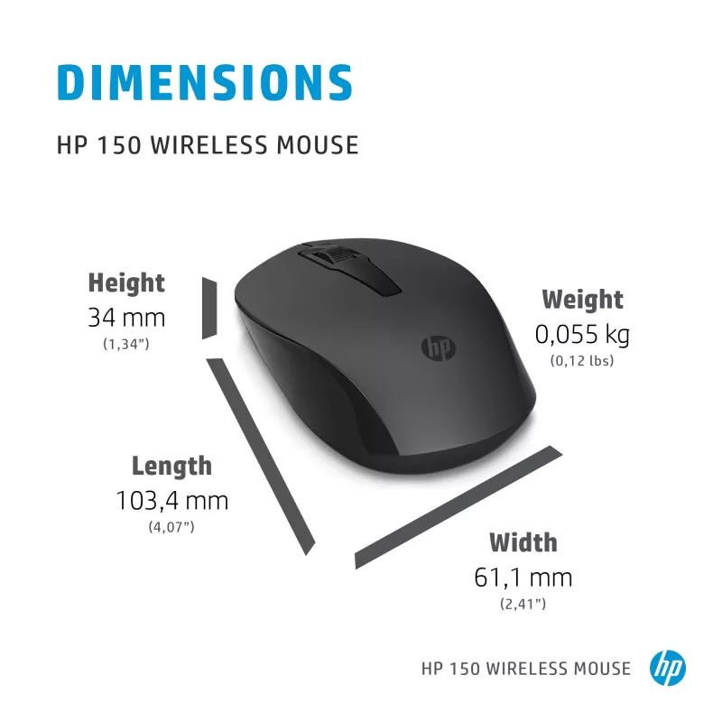 HP 150 juhtmevaba hiir, mõlemakäeline, optiline, RF-juhtmevaba, 1600 DPI, must